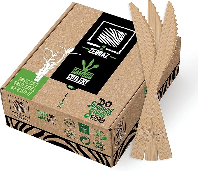 2ZEBRAZ Bamboo Cutlery Set ??100 Disposable Knives | Reusable Smooth Flatware, Heavy-Duty Natural Utensils for Dining and Entertaining