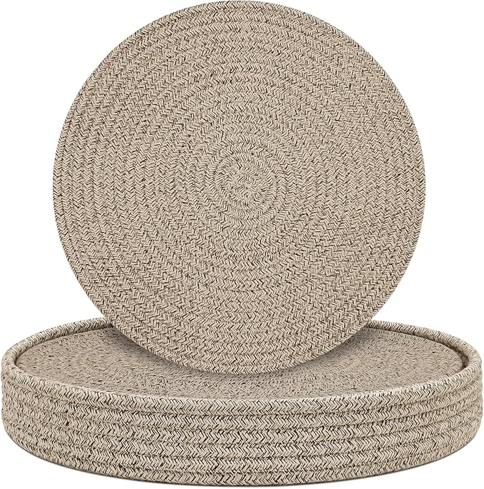Round Placemats Set of 6 with Holder, Cotton Rope Woven Place Mats, Hot Pads for Kitchen, Heat Resistant Table Mats, 13 Inch Farmhouse Washable Braided Placemat for Kitchen Decor (Brown)