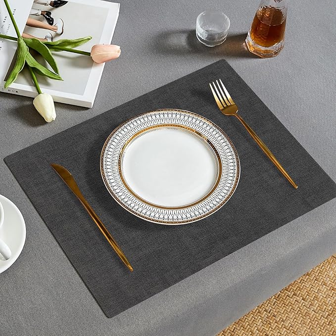 Boobezeen Faux Leather Placemats Set of 6, Heat Resistant Wipeable Washable Vinyl Place Mats, Waterproof Anti-Slip Dining Table Mats, Suitable for Indoor & Outdoor Use (Dark Grey)