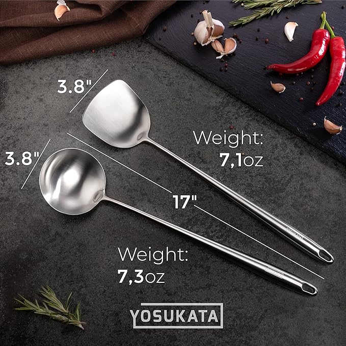 YOSUKATA Non-seasoned Round-Bottom Carbon Steel Wok Pan + Wok Lid 13.6 Inch + 17?쇺?Wok Spatula and Ladle