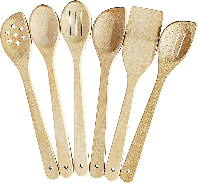 ECOSALL Healthy Wooden Spoons For Cooking Set of 6. Safe and Reliable Cooking Utensils for Kitchen ??100% Natural Nonstick Wood Spatula Spoon For Scraping, Stirring, Serving ??Uncoated Solid Hardwood
