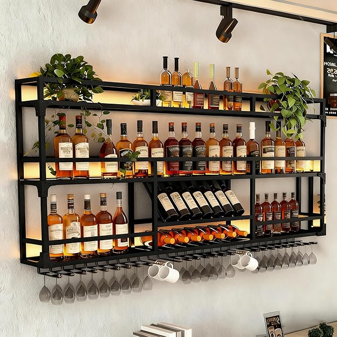 Wall Mounted Wine Rack, Floating Industrial Liquor Glass Holder 3 Tiers, Large Metal Wine Bottle Display Rack Hanging Shelf, for Home Bar Dining Room Decorative (Black-B, 59.05x35.43x9.84in)