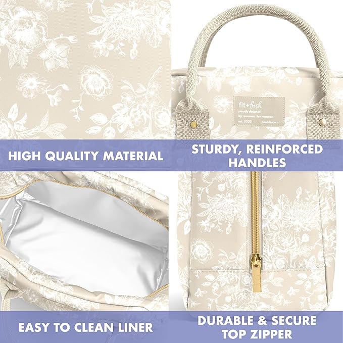 Fit & Fresh Bloomington Lunch Bag for Women - Insulated Large Lunch Box for Work with Containers, Leak-Resistant, Stain-Resistant, Zipper Closure, Tan Toile