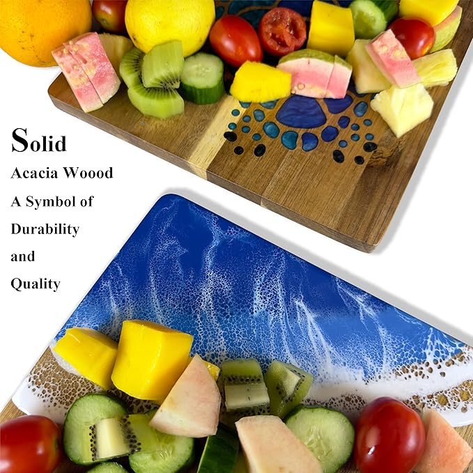 Acacia Wood Cutting Board With Colorful Black Resin Galactic Cosmos & Wood Stumps Unquie Design for Kitchen Meal Prep Serving Tray Cheese & Charcuterie Board for Meat Vegetable Gift 15*10‘’