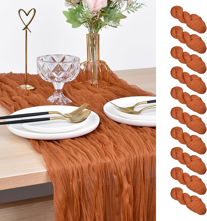 Joanlody Terracotta Cheesecloth Table Runner Spring Easter 10Ft Rustic Gauze Boho Cheese Cloth Table Runner for Wedding Bridal Baby Shower Decoration 10 Pack