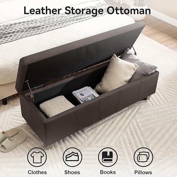 WUTUTUEE 41" Faux Leather Storage Ottoman, Stitch Tufted Rectangle Upholstered End of Bed Storage Bench, Entryway Large Couch Ottoman with Wooden Legs,Brown