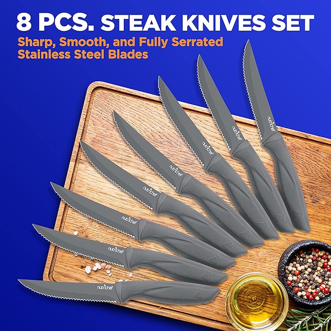 NutriChef Steak Knife Set of 8 - Premium Serrated Stainless Steel Kitchen Knife Set - Ergonomic Design, Sharp Blades, Non-Stick, & Rust-Resistant - Perfect for Home, BBQ's & Restaurants Gray
