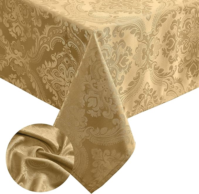 Elrene Home Fashions Caiden Elegance Damask Waterproof, Stain & Wrinkle Resistant Fabric Tablecloth, 52" x 52" Square, Gold
