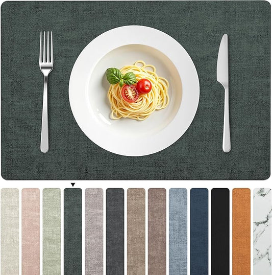 FROMHEART Faux Leather Placemats Set of 6?밯aterproof,Heat/Oil Stain-Resistant PU Table Mat?밨eversible,Non-Slip,Easy to Clean Place Mats for Kitchen,Dining,Indoor/Outdoor,(Dark Green,11.8" x 17")