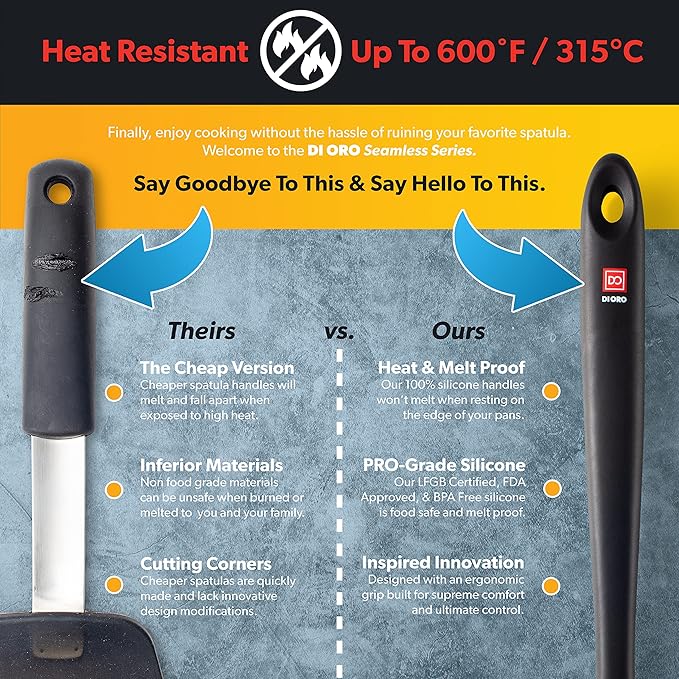 DI ORO Cooking Spoon - Solid Silicone 600F High Heat Nonstick Cookware Safe - Kitchen Spoon for Cooking & Baking - Large Serving & Mixing Utensil - Dishwasher Safe (Black)