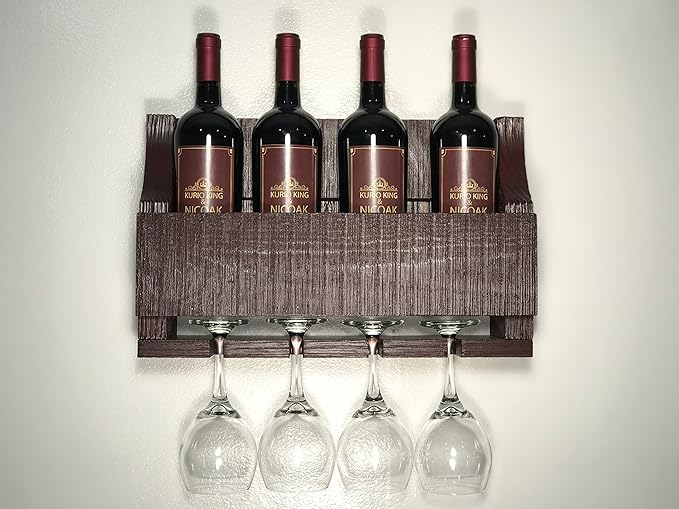 Barnwood Wall Mount Wine Rack Holds 4 Wines and 4 Long Stem Glass Rustic Reclaimed Wood (Aged Barn Red)