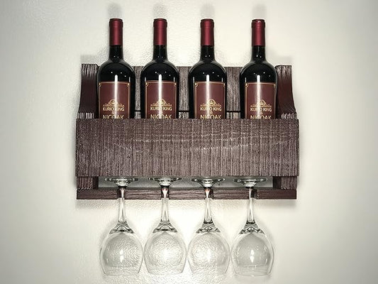 Barnwood Wall Mount Wine Rack Holds 4 Wines and 4 Long Stem Glass Rustic Reclaimed Wood (Aged Barn Red)