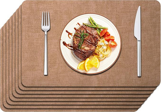 Maxpearl 8-Piece PU Leather Placemats ??Durable, Heat Resistant & Wipeable Table Mats, Non-Slip and Waterproof Dining Place Mats for Kitchen or Patio Table, 17x12 Inches, Brown