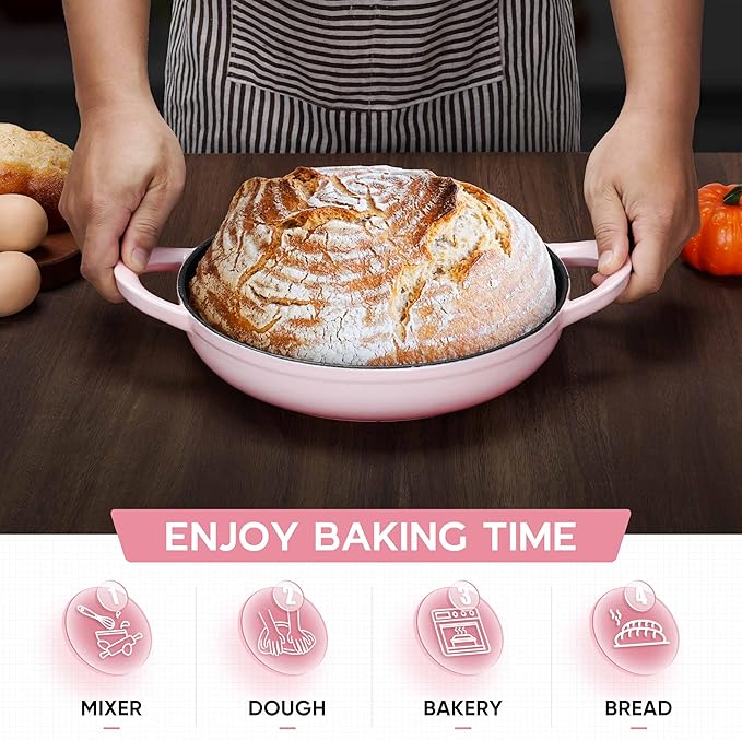 E-far Dutch Oven for Sourdough Bread Baking, 6 Qt Round Enameled Cast Iron Dutch Oven for Homemade Artisan Bread, Dome Lid & Shallow Base, Matte Black Interior & Durable, Oven-Safe to 500?? Pink