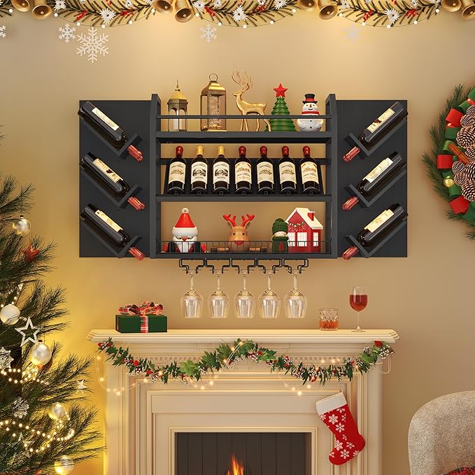 Hoctieon Wall Mounted Wine Rack, 3 Tier Hanging Wine Racks with Glass Holder, Large Capacity Bar Shelves, Metal Wood Bottle Display Storage for Kitchen, Home Bar, Dining Room, Black
