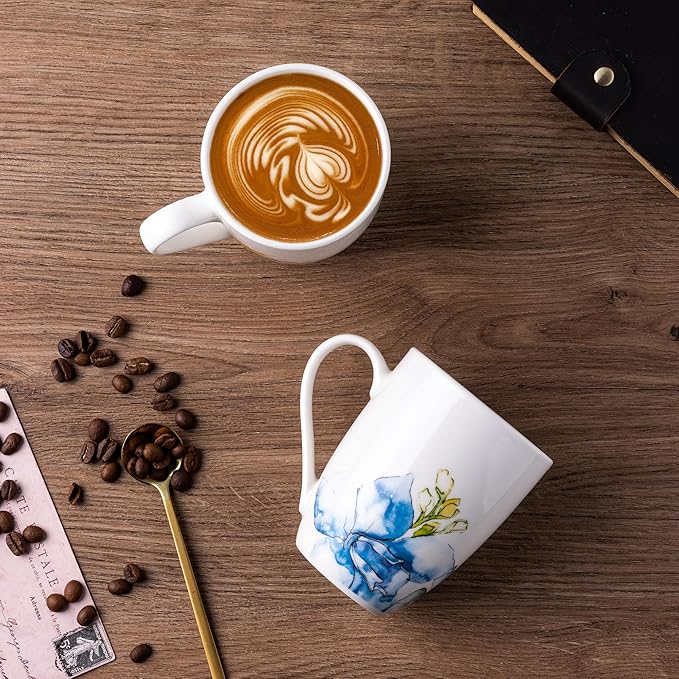 GBHOME 12oz Coffee Mugs Set fo 6, Ceramic Coffee Mugs with Decaled Flowers for Man Woman Mom Dad, Light Weight Coffee Mugs Set for Latte/Cappuccino/Cocoa/Milk, Dishwasher & Microwave Safe