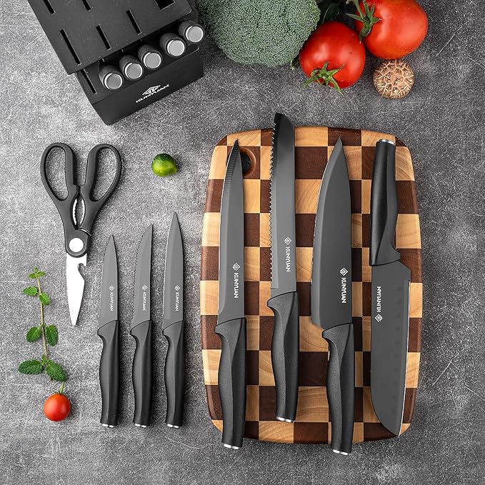 Knife Set, KUNYUAN 15 pieces Knife Sets for Kitchen,High Carbon German Stainless Steel Knife Block Set with Built in Sharpener Block,Dishwasher Safe Kitchen Knife Set, Black