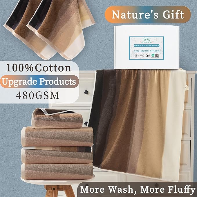 VOOVA & MOVAS Brown Bath Towels Set of 4-100% Cotton | 480GSM | Soft | Absorbent | Long-Lasting, 28"x52", Decorative Towels for Bathroom, Bath Towels Gift Set with Hang Loops, Beige and Brown