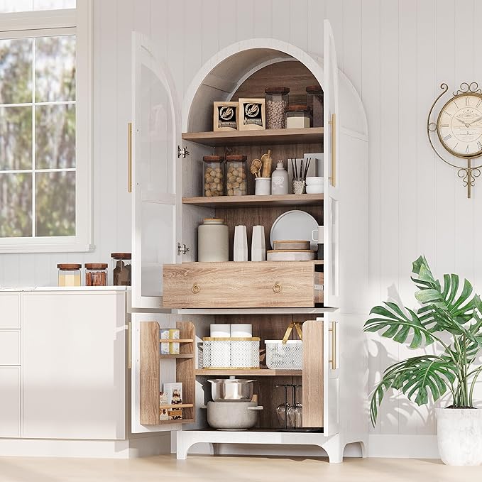 GDFStudio Mariah 71" Tall Arched Kitchen Pantry Cabinet with Hidden Drawer, Glass Door & Adjustable Shelves, Farmhouse Storage Cabinet Cupboard for Kitchen Dining Room, Home Pantry Storage, White