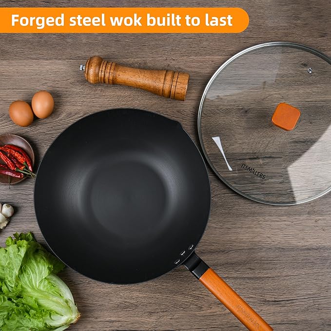 12.5-Inch Carbon Steel Wok with Lid ??Pre-Seasoned Flat Bottom Stir-Fry Pan, Nonstick Wok for Induction, Gas, Electric & All Stovetops ??Chinese Wok with Glass Lid
