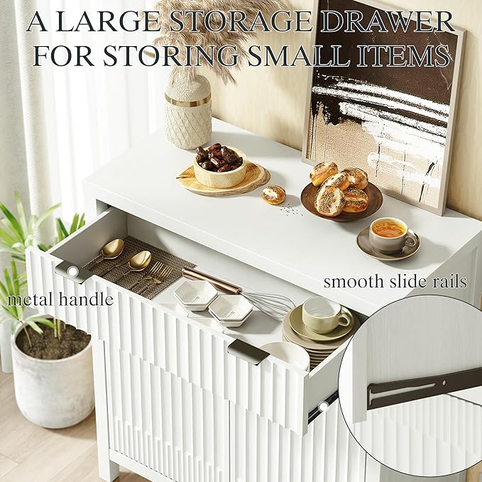 FLOWBACK Buffet Cabinet with Storage,Modern Credenza with Fluted Doors & Shelves Coffee Bar Media Console Accent Cabinets for Living Room, Entryway (White, 2 Door + 1 Drawer(3 Piece))