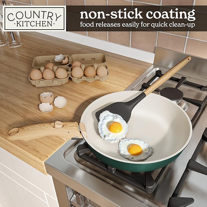 Country Kitchen Cookware Set with Removable Handle, Oven & RV Safe Pots and Pans Set, Sage Wood Handle, Original