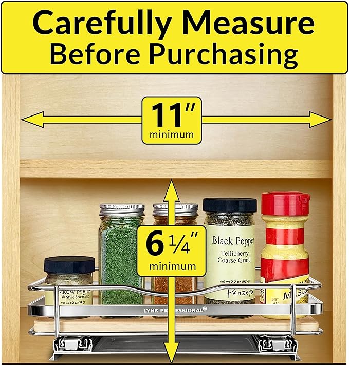 LYNK PROFESSIONAL짰 횋lite??Pull Out Spice Rack Organizer for Inside Kitchen Cabinets - 10-3/8 inch Wide - Slide Out Drawer ??Wood/Chrome Sliding Spice Cabinet Organization Shelf Racks - 1 Tier