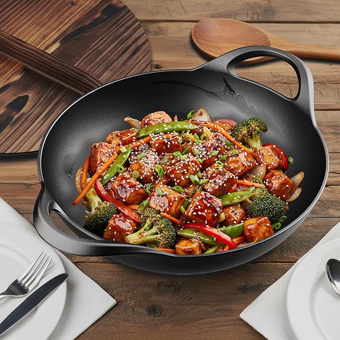 Bakken Pre-Seasoned Cast Iron Wok with Wooden Lid, 14" Stir Fry Pan for Gas, Electric, Induction & Open Fir, Heavy-Duty Flat Bottom Wok with Dual Handles for Even Heating & High-Heat Cooking, 8.8 lbs