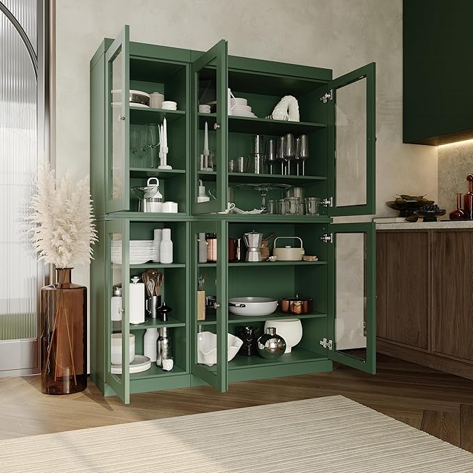 Palace Imports 100% Solid Wood 48.5" Pantry China Cabinet with Clear Glass Doors and Adjustable Shelves (Green)