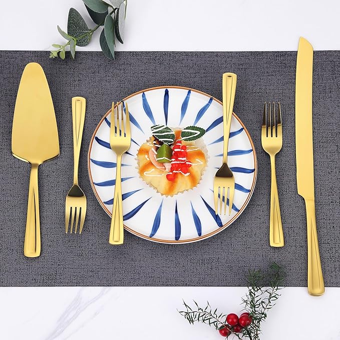 GoGeiLi 13-Inch Gold Cake Knife and Server Set with 4 Salad Forks, 18/0 Stainless Steel Wedding Cake Cutting Set for Wedding, Birthday, Anniversary, Mirror Polished, Dishwasher Safe