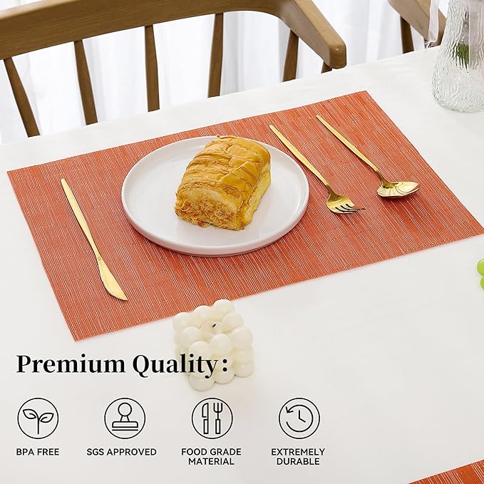 Leetaltree Orange Placemats Set of 6 - Heat Resistant Non-Slip Place mats for Dining Table, Washable Durable PVC Vinyl Woven Table Mats（Orange, 6）