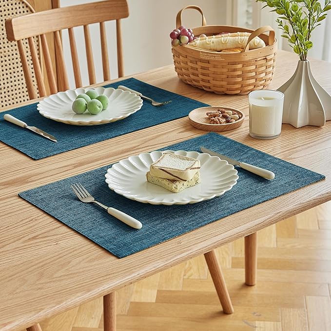 Softalker Faux Linen Placemats Set of 12-12 x 18 Inch, Heat Resistant Double Layered Durable Burlap Farmhouse Place Mats, Non-Slip Washable Rustic Table Mats for Dining, Kitchen, Party竊늇eal