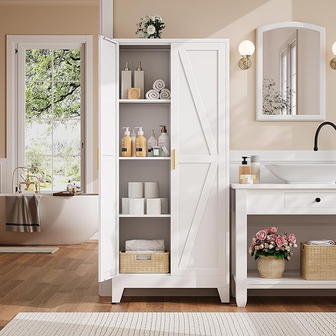 61" H Metal Pantry Cabinet,White Storage Cabinet with Doors,Freestanding Kitchen Pantry Cabinet,Farmhouse Food Storage Cabinets,Tall and Large Pantry Cabinets for Dining Room, Living Room