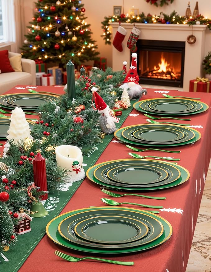 WDF 25PCS Green Plastic Charger Plates - 12inch Green and Gold Chargers for Dinner - Disposable Charge Plates - Perfect for Party Elegant Tabletop Decor St. Patrick's Day