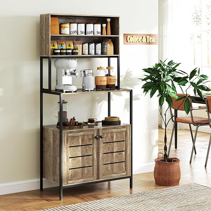 HOMCOM Kitchen Bakers Rack with Power Outlet, Coffee Bar Cabinet with Storage Shelves, Microwave Stand with Louvred Door Cabinets, Gray Wood Grain