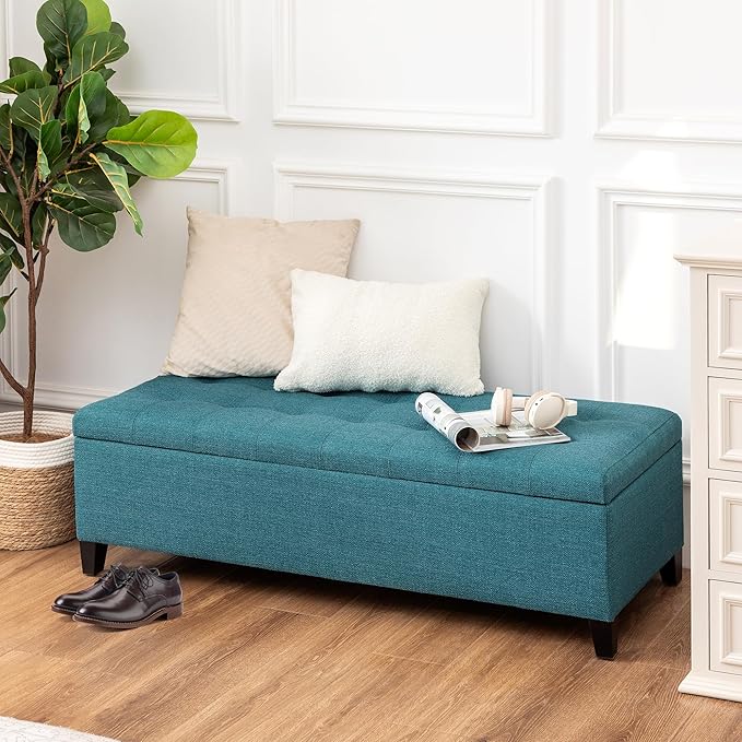 DECO DE VILLE Ottoman with Storage, 51 Inch End of Bed Storage Ottoman Bench, Linen Fabric Upholstered Ottomans with Hinged Lid, Rectangle Long Foot Rest Bench for Entryway Living Room Bedroom Teal