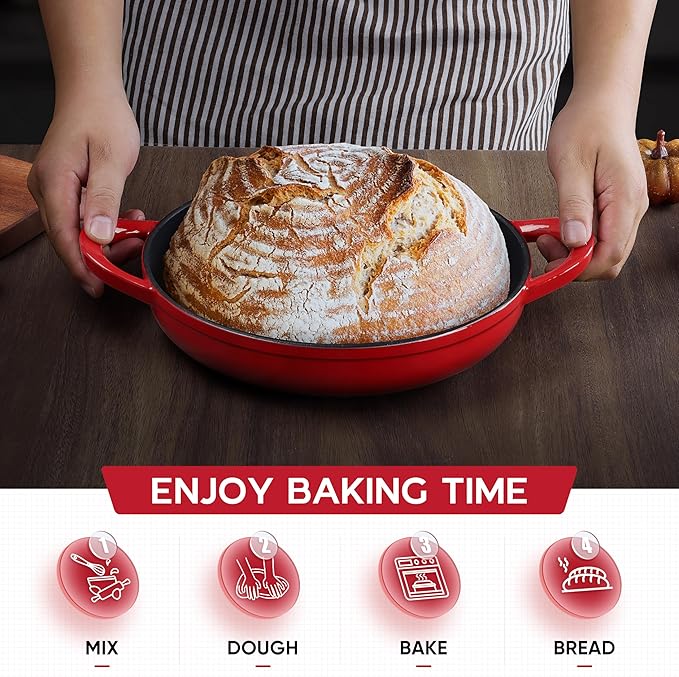 E-far Dutch Oven for Sourdough Bread Baking, 6 Qt Round Enameled Cast Iron Dutch Oven for Homemade Artisan Bread, Dome Lid & Shallow Base, Matte Black Interior & Durable, Oven-Safe to 500?? Red