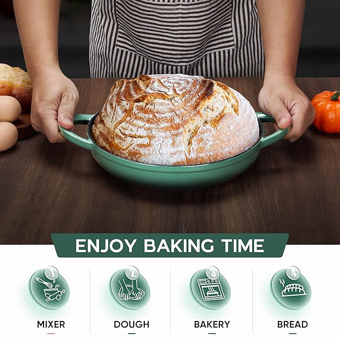 E-far Dutch Oven for Sourdough Bread Baking, 6 Qt Round Enameled Cast Iron Dutch Oven for Homemade Artisan Bread, Dome Lid & Shallow Base, Matte Black Interior & Durable, Oven-Safe to 500?? Dark Green