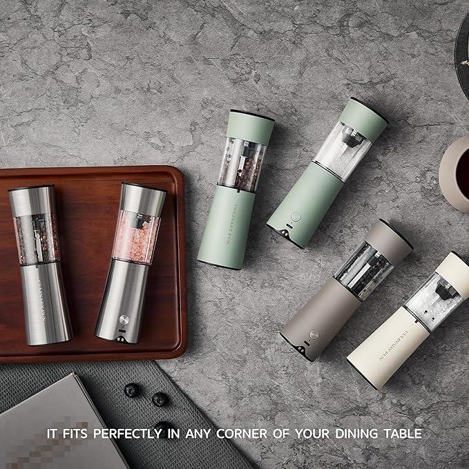 Electric Salt and Pepper Grinder Set with USB-C Charging Base,Rechargeable Automatic Stainless Steel Pepper Mill Grinder with LED Light, 2pack(Brown)