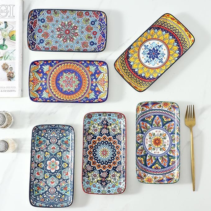 glowworm Porcelain Appetizer Plates Set of 6, 8.5 Inch Rectangular Salad Plates for Sushi, Dessert, Christmas Serving Platters, Serving Tray for Party, Microwave & Oven Safe, Bohemian