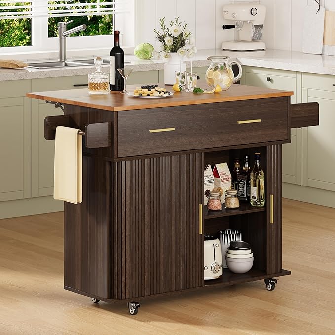 DHH Rolling Kitchen Island with Drop Leaf Countertop&Ample Storage - 39.4" Small Mobile Kitchen Cart On Wheels with Sliding Door,Drawers,Spice Rack & 2-Tier Storage (Coffee)