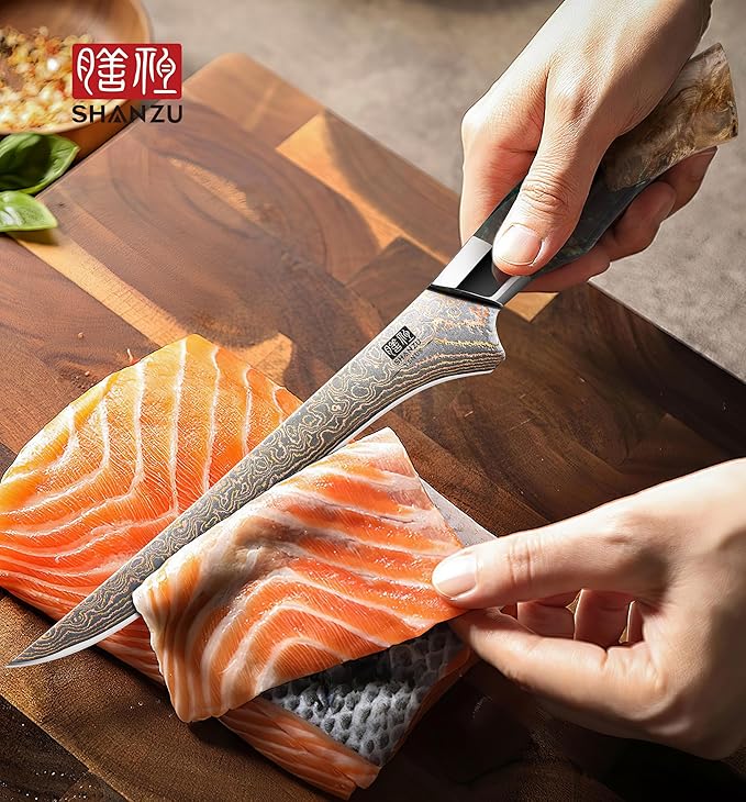 SHAN ZU Damascus Fillet Knife 7 Inch, Japanese Boning Knife Copper & Damascus Steel High Carbon 33 Layer Hand Forged, Ultra Sharp Carving Knives with Maple Wood Handle