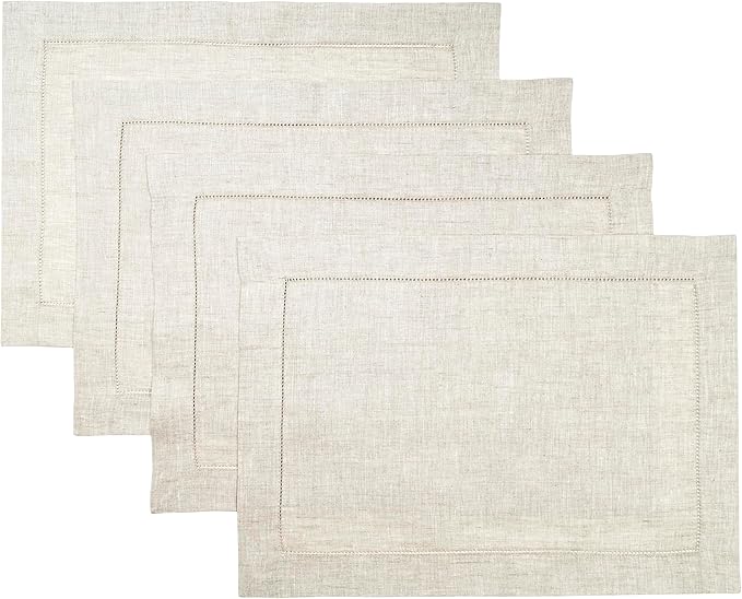 D'Moksha Homes Light Natural Linen Cloth Placemats Set of 4-100% Pure Linen Hemstitch Placemats 14 x 19 Inch - Classic Hemstitch Table Place Mats for Valentines, Easter - Machine Washable