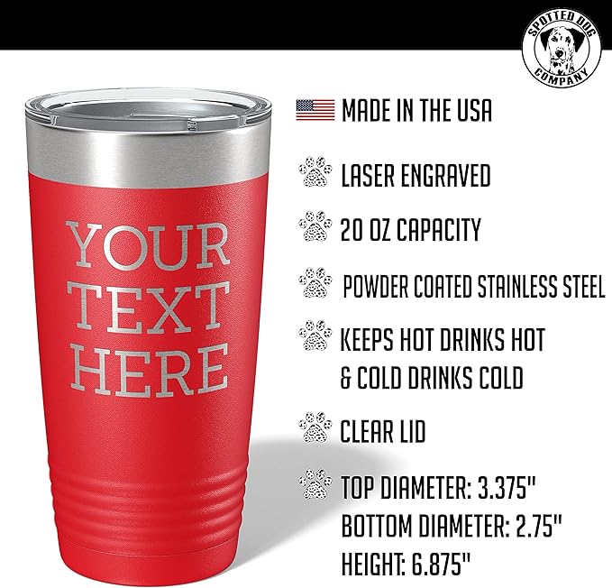 Personalized 20oz (17 Colors) Powder Coated Insulated Stainless Steel Tumbler with Lid, Custom Etched, Customized Text Message Name, Engraved Gift Idea Women Men Him Her, Your Text Here (Red)