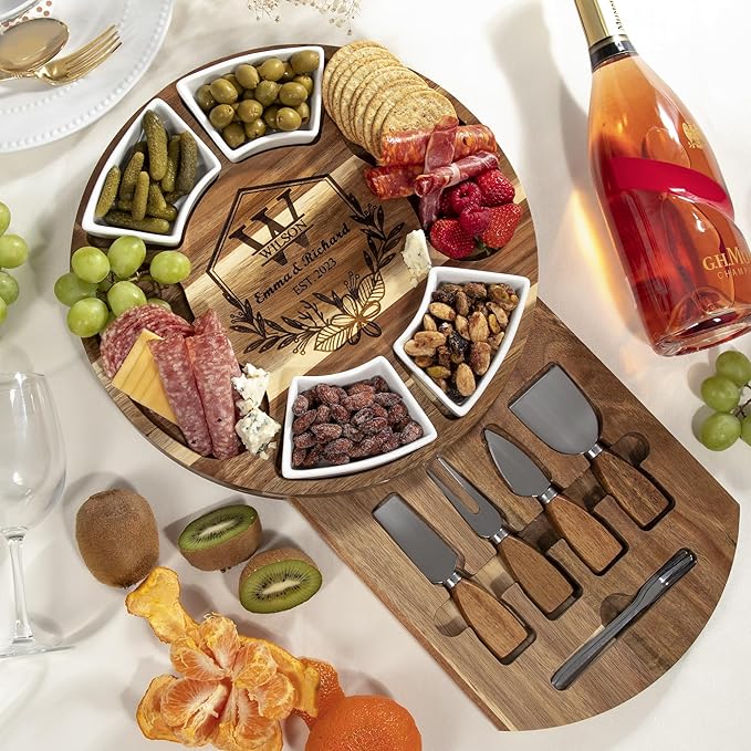 Personalized Charcuterie Board Gift Set ??Custom Engraved Acacia Cheese Board with Ceramic Bowls, Wedding & Housewarming Gifts, for Women & Men