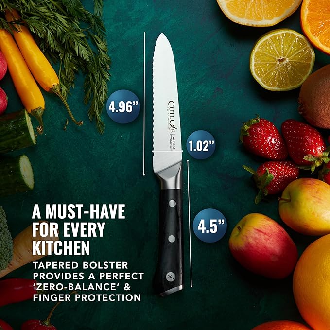Cutluxe Kitchen Utility Knife ??5" Serrated Ultra Sharp Blade, Ergonomic Handle, Full Tang ??Forged High Carbon German Steel ??Artisan Series