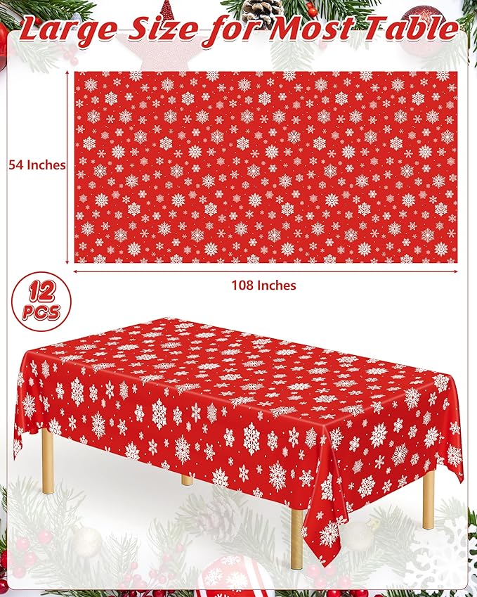 QZYL 12 Pack Christmas Table Cloths, 54" x 108" Holiday Plastic Tablecloth, Snowflakes Disposable Tablecloth Xmas Rectangle Tablecover, Christmas Table Decorations Holiday Party Decor