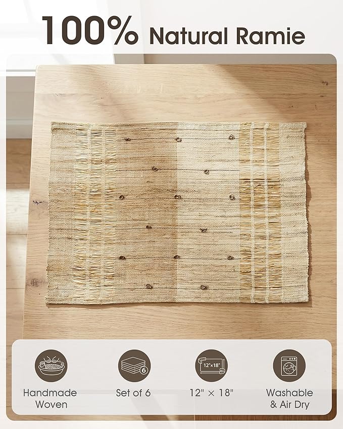 Handmade Ramie Woven Table Placemats Set of 6 (12"x18"),Natural Fiber Heat-Resistant Table Protectors for Family Dinners & Gatherings,Elevate Your Tabletop with Eco-Friendly Style