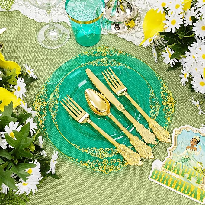 Hioasis 175pcs Clear Green Plastic Plates - Elegant Disposable Dinnerware Set Suitable for 25 Guests Include 10.25" Dinner & 7.5" Dessert Plates, Cutlery, Napkins, Cups for Party & Wedding