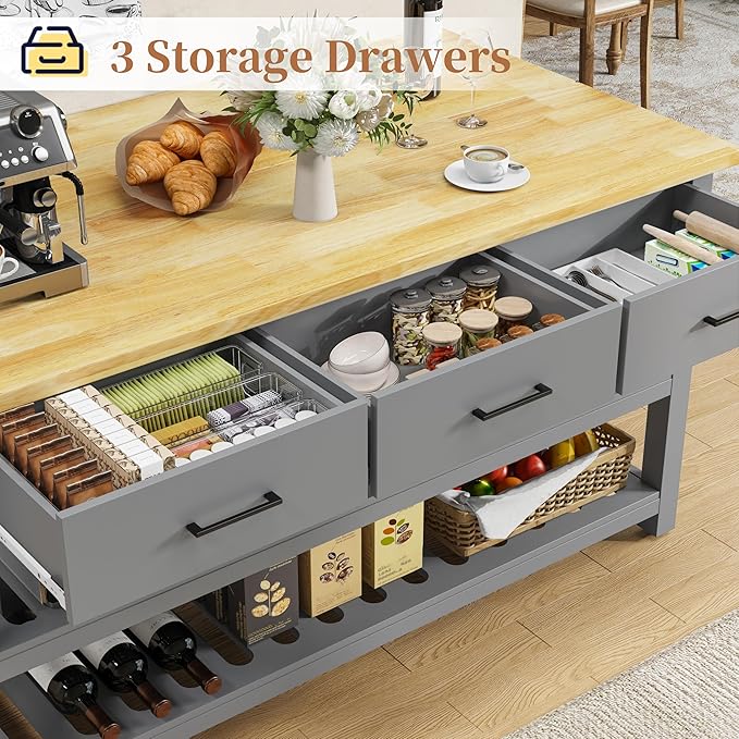60" Solid Rubberwood Kitchen Island with Power Outlets - Extra Large Work Surface, 3 Drawers & 2 Open Shelves Storage Cabinet for Kitchen Dining Room, Farmhouse Style (Grey)